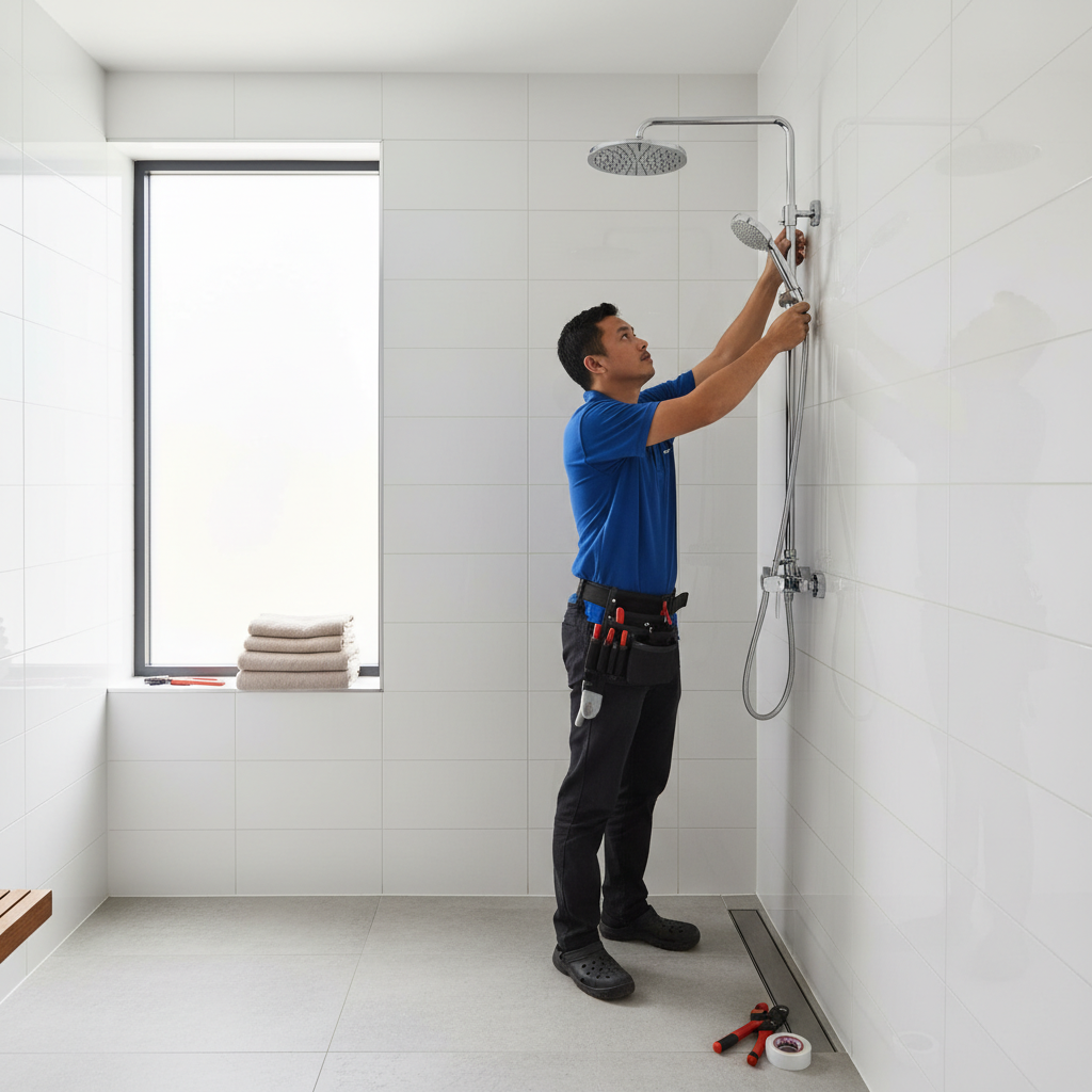 Tukang paip profesional memasang kelengkapan bilik air