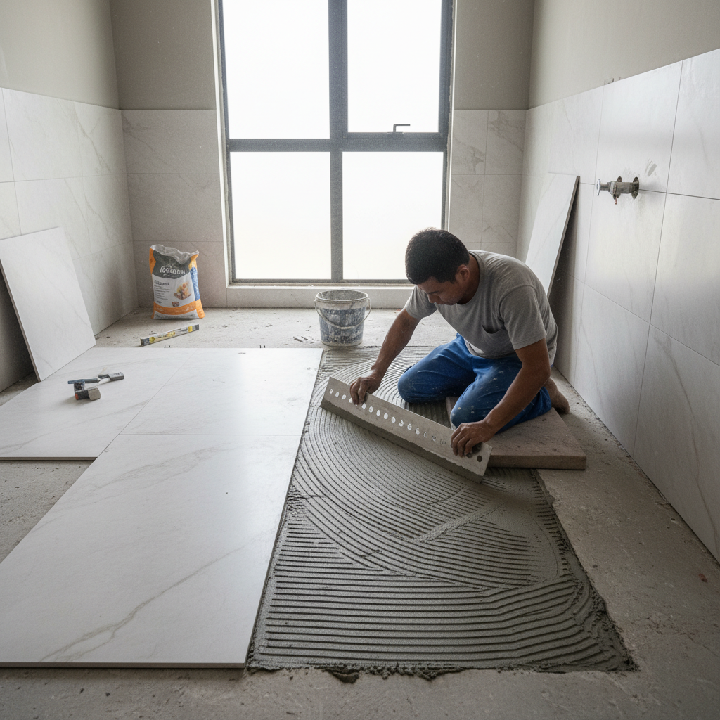 Pekerja memasang jubin di bilik air